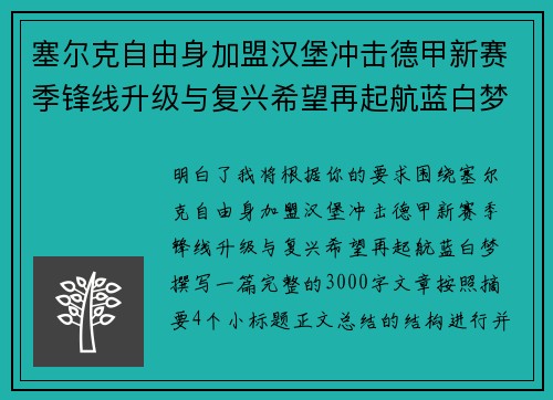 塞尔克自由身加盟汉堡冲击德甲新赛季锋线升级与复兴希望再起航蓝白梦